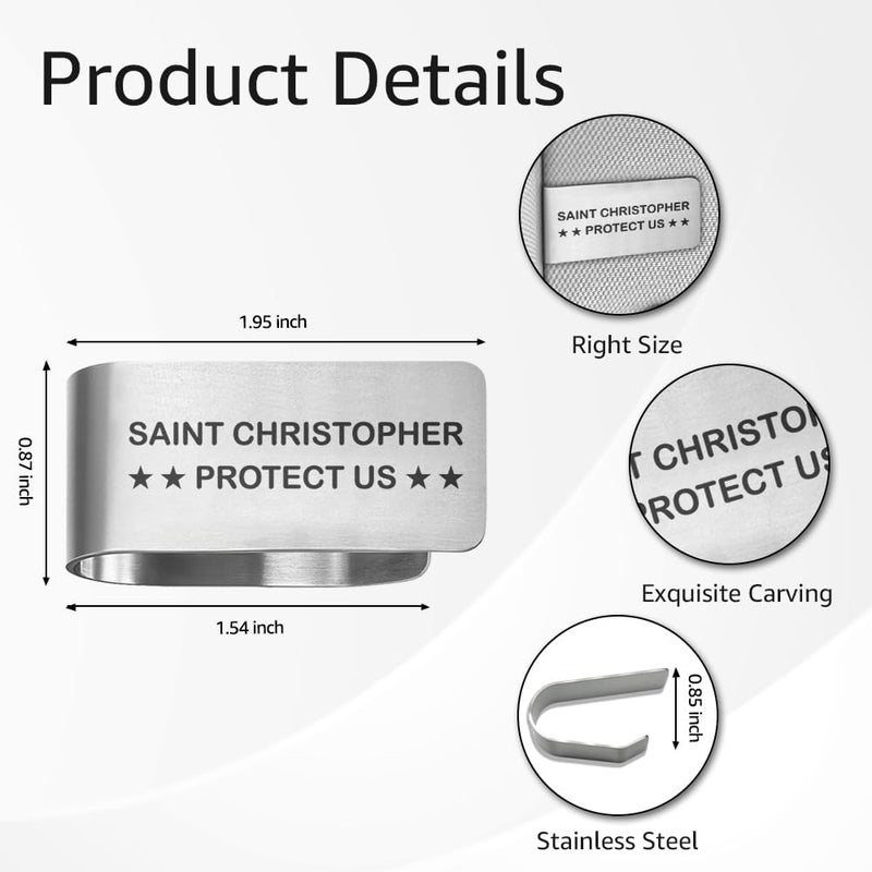 PUVOXHO Saint Christopher Protect Us Engraved Stainless Steel Car Visor Clip, St Christopher Accessories for Car, Driving Safety Prayer Religious Gifts for Family Friend Driver, New Driver Gifts - Image 2
